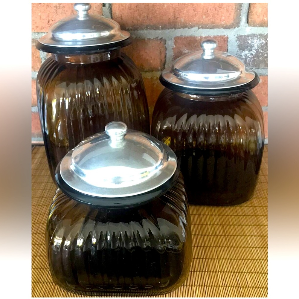 SET OF 3 beautiful vintage fluted amber colored glass storage units - silver top